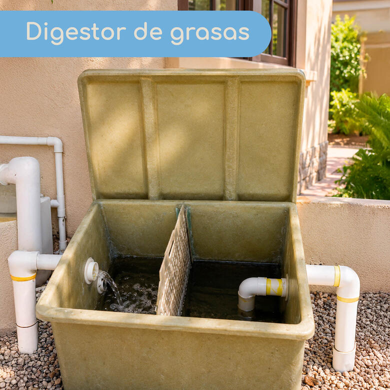 Para digerir la grasa que sale del lavaplatos de la cocina. Permite reciclar dicho efluente para riego de jardines.